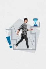 Vertical collage picture of confident guy hold netbook walking champion award trophy exclamation...