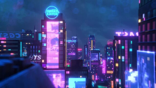 cyberpunk city animation, Futuristic motion graphics. Ultra violet fluorescent light. Retro-futuristic 80s style in neon city. VJ synthwave looping 3D animation for music video.
