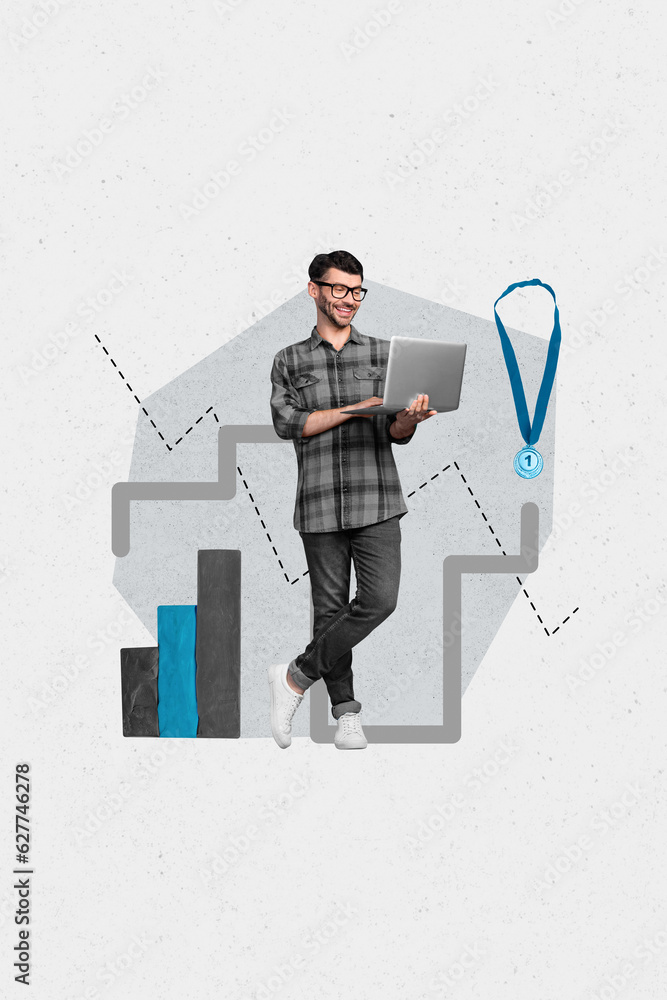 Poster vertical collage image of positive corporate guy use netbook growing stats charts first place champi
