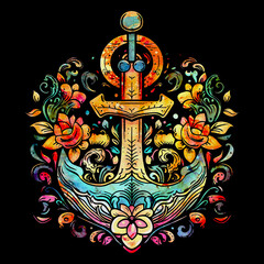 Anchor, flowers, old school, tribal tattoo style, isolated on black background