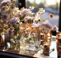A bottle of perfume on a table among flowers on the rays of the sun. Generative AI