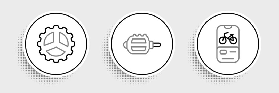 Set line Bicycle rental mobile app, sprocket crank and pedal icon. Vector