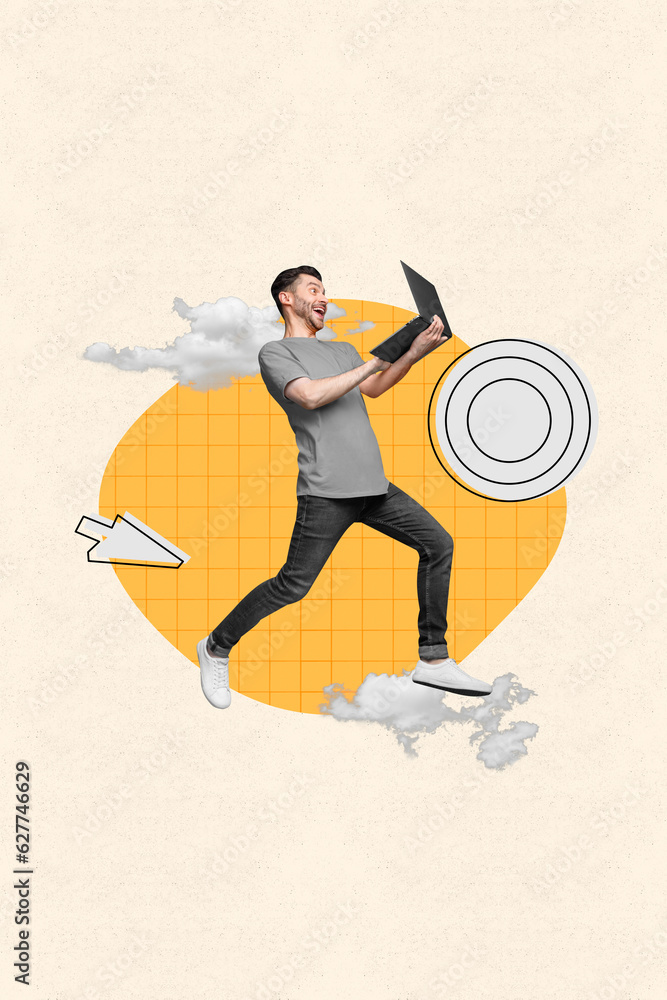 Poster Vertical collage picture of excited guy jump run use netbook arrow pointer cursor target board clouds sky isolated on creative background