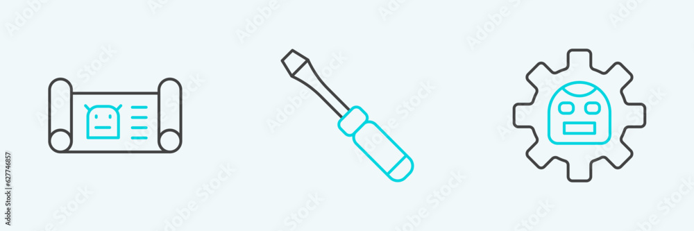 Poster set line robot, blueprint and screwdriver icon. vector