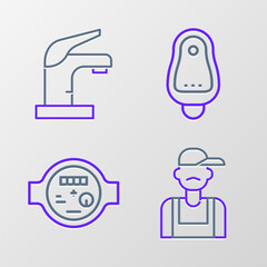 Set line Plumber, Water meter, Toilet urinal or pissoir and tap icon. Vector