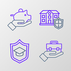 Set line Hand holding briefcase, Graduation cap with shield, House and Piggy bank hand icon. Vector