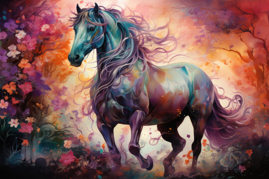 The watercolor Unicorn soaring through a starlit night sky, a celestial aurora painting the heavens with breathtaking colors, distant galaxies, Generative Ai