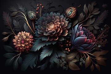 Fototapeta na wymiar Dark floral background. Floral wallpaper design for print. AI generated