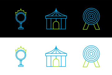 Set line Target, Circus fire hoop and tent icon. Vector