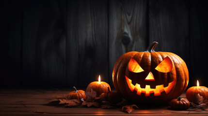 Halloween pumpkin head jack lantern on spooky wooden background.