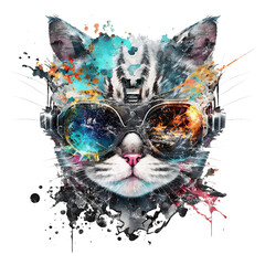 Cyberpunk cat, head, glasses, graffiti style, isolated, without background
