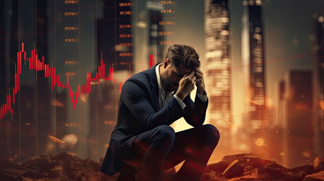 Business failure and unemployment problems from the economic crisis. Stressed businessman sits in panic digital stock market financial background. Stock market and global economic inflation recession.