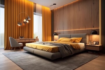 Stylish interior of contemporary bedroom with comfortable bed and luxurious finishings
