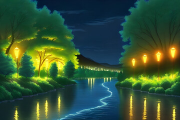 Fototapeta premium night view of the river. Generative AI