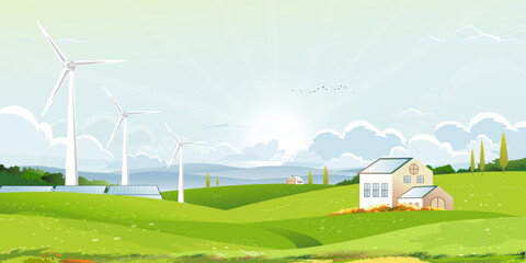 Naklejka premium Spring green fields landscape with sun over mountain, blue sky and clouds background,Vector Rural natural with Solar panel wind turbines installed as renewable station energy sources for electricity