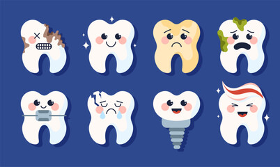 Obraz premium Set of teeth with caries. Caring for oral hygiene and health. Educational materials for children. Plaque, spots, crack and broken root. Cartoon flat vector collection isolated on blue background