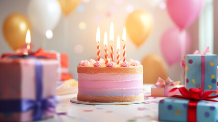 birthday cake with candles, birthday party for children, children having fun, colorful cake, rainbow, multicolored baloons and sparkles, chocolate, sugar and candies, candles, sweet dessert