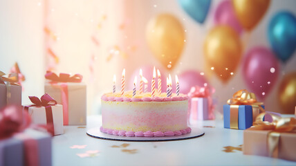 pink birthday cake with candles, birthday party for children, children having fun, colorful cake, rainbow, multicolored baloons and sparkles, chocolate, sugar and candies, candles, sweet dessert