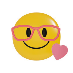 3D illustration of a yellow "smile" emoji wearing pink glasses with a pink heart beside it. Fun social media art. Internet reactions. Representation of people who wear glasses. Isolated icon.