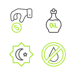Set line No water, Octagonal star, Essential oil bottle and Donate or pay your zakat icon. Vector