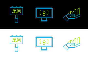 Set line Pie chart infographic, Advertising and Monitor with star icon. Vector