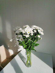 Bouquet of white chrysanthemums in a glass vase on the table.
