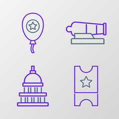Set line Baseball ticket, White House, Cannon and Balloons icon. Vector