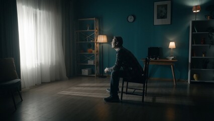 A man sits on a chair in the middle of the room and looks at the light in the window. Side view of...