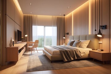 Obraz na płótnie Canvas designer interior of contemporary bedroom with comfortable bed and luxurious finishings and LED lights