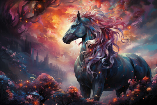 The watercolor Unicorn standing gracefully under a cascading waterfall, the shimmering water creating a magical aura around it, surrounded by lush vegetation, Generative Ai
