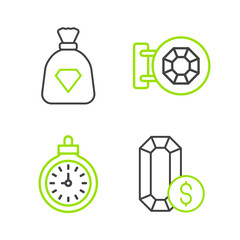 Set line Jewelry online shopping, Pocket watch, store and Bag with gems icon. Vector