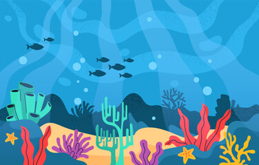 Naklejka na ściany i meble Under sea background concept. Fish swim among reefs and corals, representatives of the underwater world. Ocean or sea flora and fauna, wild life. Cartoon flat vector illustration