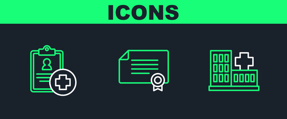Set line Hospital building, Patient record and Certificate template icon. Vector