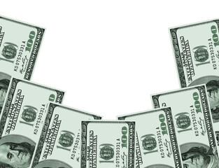 One hundred dollar bills of the United States are laid out in a semicircle on a white background