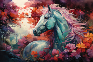 Obraz na płótnie Canvas The watercolor Unicorn standing gracefully under a cascading waterfall, the shimmering water creating a magical aura around it, surrounded by lush vegetation, Generative Ai