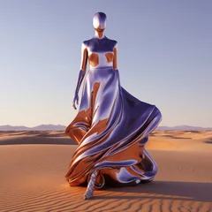 Generative ai feminine humanoid model editorial fashion posing desert © Eugenio Marongiu