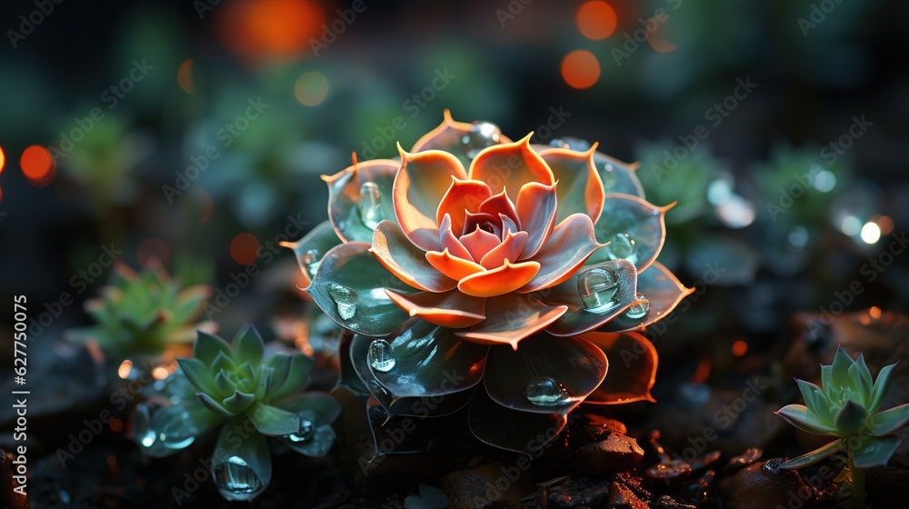 Wall mural exotic cactus with colored leaves, succulent close-up in natural environment