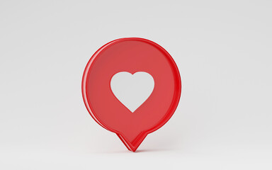 3D rendering, 3D illustration. Love, like social media notification icon. Heart inside of a red pin on white background. Minimal concept
