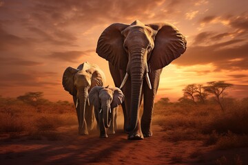 a herd of elephants walking at sunset with the sun in the background