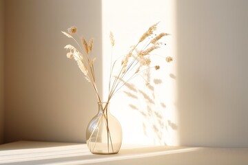 Glass vase with dried grass on the table with shadows, light brown wall background, with copy space, minimal aesthetic interior decoration