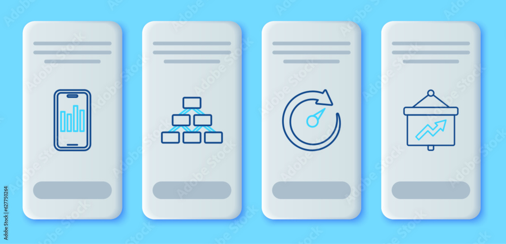 Poster set line hierarchy organogram, digital speed meter, mobile with graph and board icon. vector
