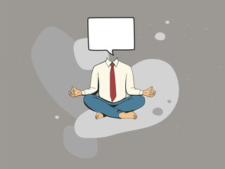 Meditating man in shirt, tie and trousers with a speech bubble instead of a head. Office man in the lotus position in a modern collage style. Vector illustration