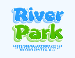 Vector funny banner River Park. Playful Blue Font. Set of 3D Alphabet Letters, Numbers and Symbols