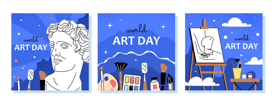 World art day banners set. Workshop with canvas and bust, sculpture. Art and creativity. Gallery and exhibition, museum. Cartoon flat vector collection isolated on white background