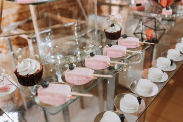 Festive dessert table with sweets. Wedding candy bar, various cakes, chocolates on stands.