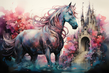 A serene watercolor Unicorn resting beside a tranquil pond, its pearlescent horn reflecting the moonlight, fireflies dancing around, Generative Ai
