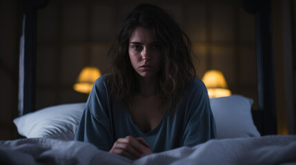 Obraz premium Depressed woman lying in bed can't sleep late at morning with insomnia.