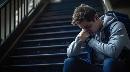 Young guy student sitting on the stairs depressed.