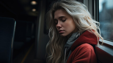 Naklejka na ściany i meble Depressed young woman rides public transportation from work.