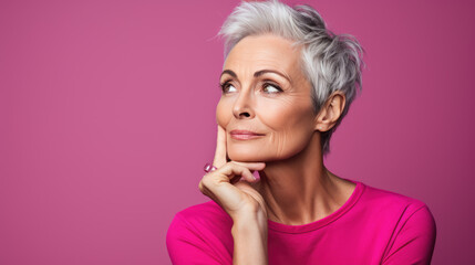 Senior thoughtful woman on pink background looking away.
